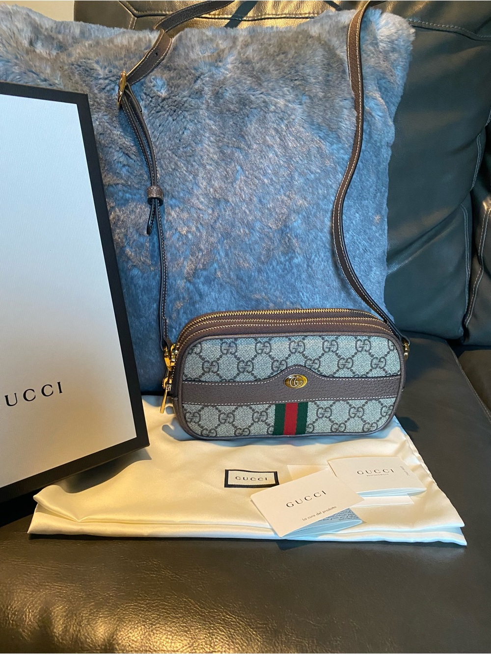 Gucci Beige GG Supreme Canvas Crossbody Bag with Brown Trim and Green/Red Stripe